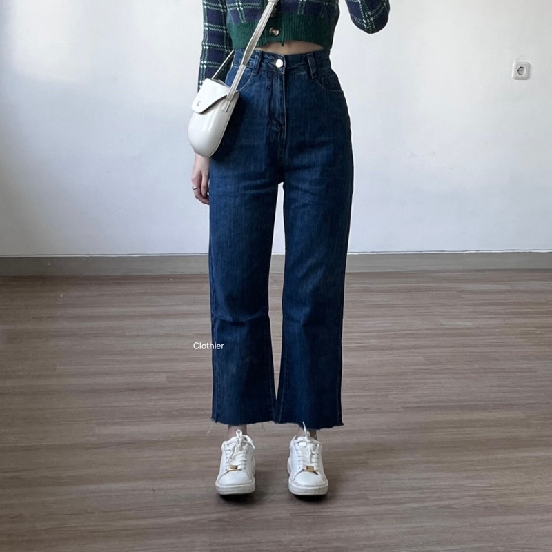 CLOTHIER - Bailey Mom Jeans | Unfinished Hem Cropped Dark Blue Washed Denim