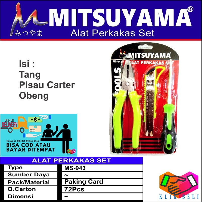 Perkakas Set MS-943 Alat Pertukangan 3 In 1 Mitsuyama Obeng Tang Pisau Carter Multifungsi