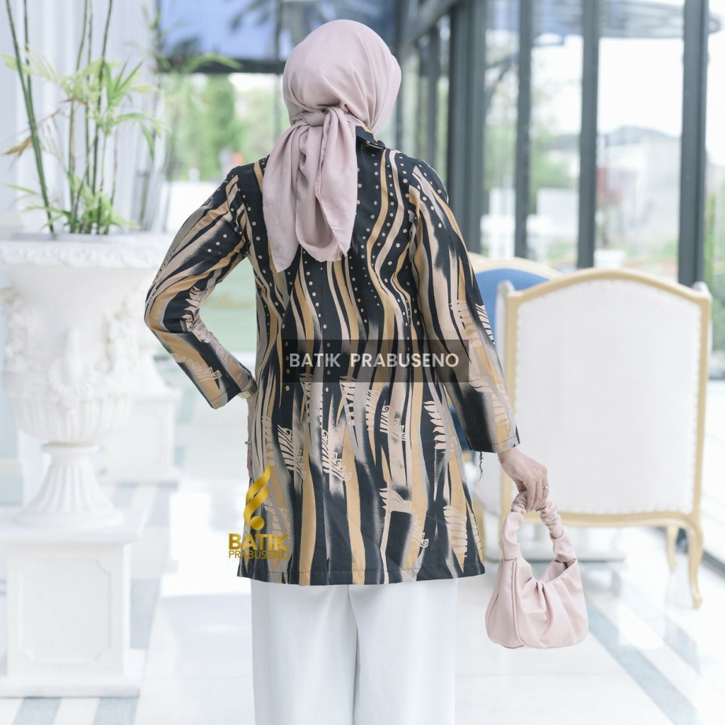 Batik Prabuseno Motif Binar Hitam Tunik Batik Wanita Terbaru Modern Jahitan Rapi Solo Ukuran Size S 