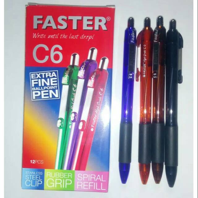 1 lusin Pulpen Faster C6 hitam biru pen black blue ceklek 