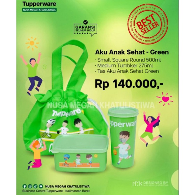 bekal makan anak tupperware / lunc set tupperware / bekal set aku anak sehat hijau pink