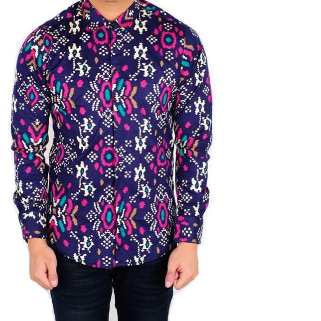 Kemeja Batik Songket Pria Cowo Kerja Kantor Biru TuaDongker - Navy, M Terlaku