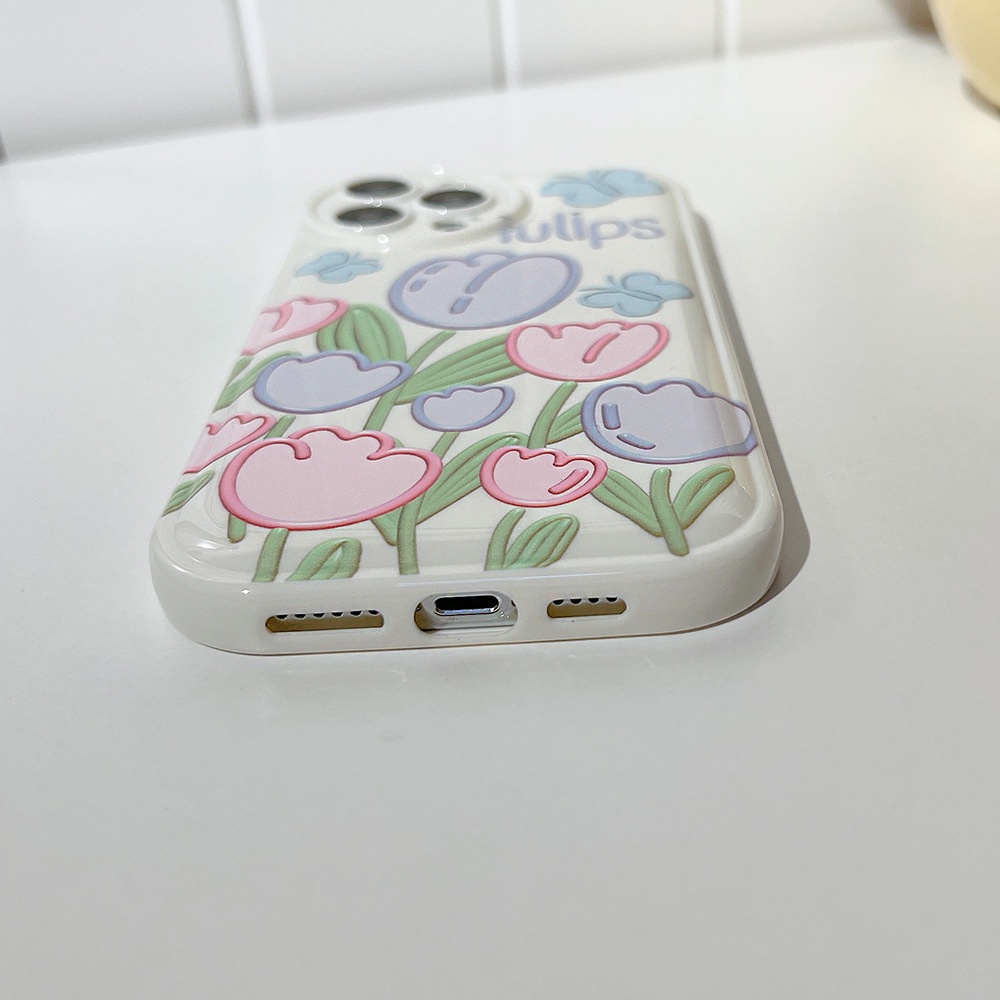 Soft Case Pelindung Lensa Kamera Desain Tulip Garden Dengan Butterfly Round Untuk Iphone 7 8 PLUS X XR XS 11 12 13 14 PRO MAX SE 2020