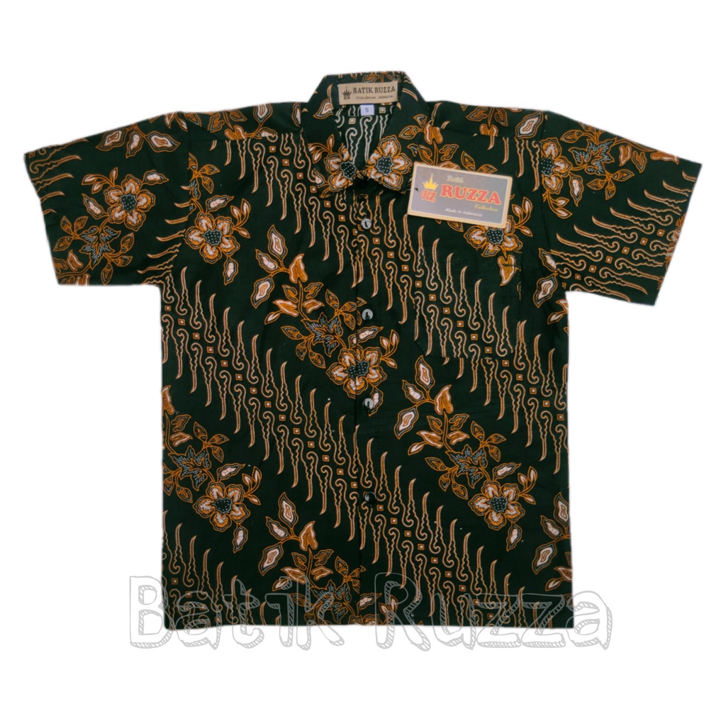 RUZZA Batik Anak Ukuran 0-15 Tahun Kemeja Motif Seno Atika Hitam Sogan Baju Laki-laki Liris Kawung Bunga