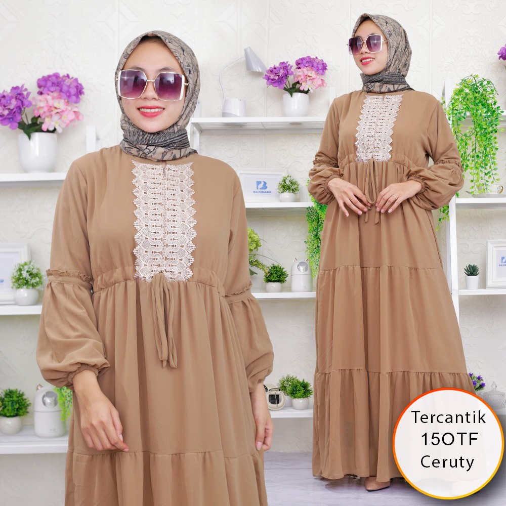 Gamis Ceruty Full Furing Busui Renda Dada Tangan Balon Umpak Keliling Tercantik
