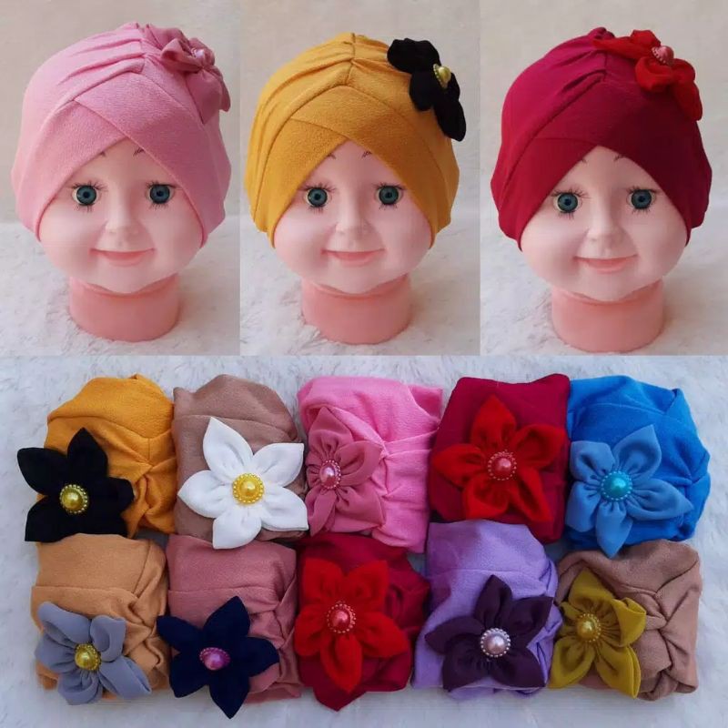turban anak milea/ciput bayi bunga kancing 0-3thn