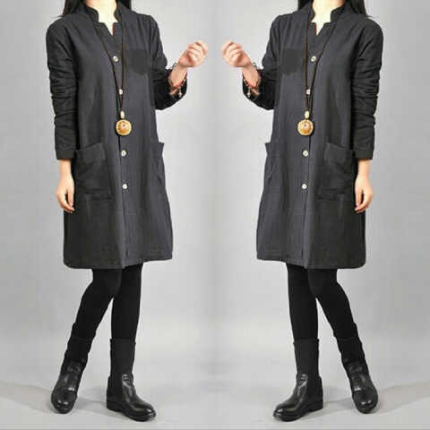 Long hem luna katun denim fit to L size tunik lengan panjang