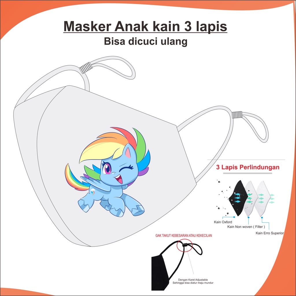 Masker Anak Karakter 3 Lapis Bisa Dicuci Ulang Gambar Kuda Poni Duckbil Adjustable Anak SD / TK Baha