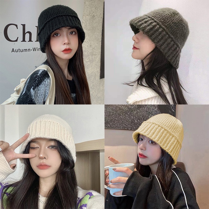 Korean Hat Autumn And Winter Style  Bucket Versatile  Small Face Knitted Hats