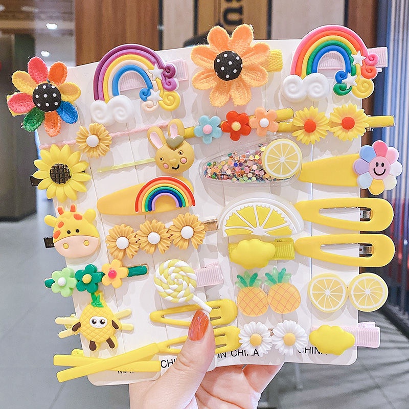 [14Pcs/Set Little Girls Korean INS Style Small Cute Baby Animal Flower Rainbow Decoration Bangs Clip Sets ] [Girls Sweet Style Hairpin Cartoons Hairpin] [Kids Daily Fashion BB Barrettes]