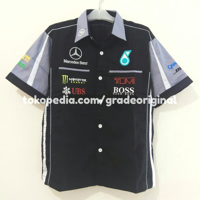pakaian baju kemeja bordir automotif F1 Mercedes Benz hitam