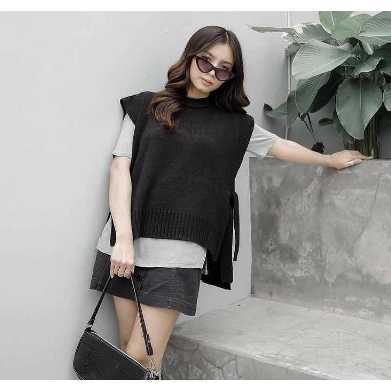 Rompi rajut vest rajut wanita outer hitam rajut