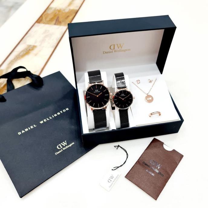 Jam Tangan Couple Dw Paket Rantai Black Rosegold Bunga.Shopping.Mall