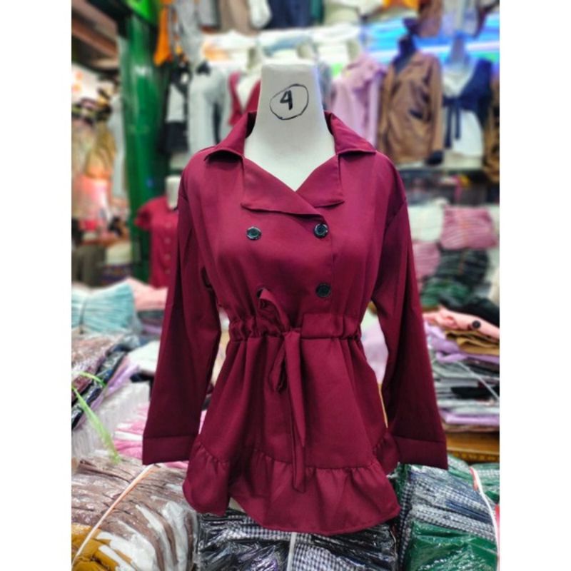 BM ~ Atasan Bangkok serut model Korean style moscrepe lengan panjang COD |Blouse wanita Korean style-Maroon