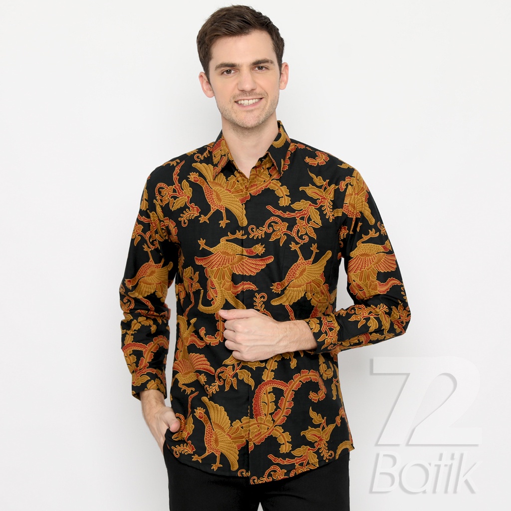 BATIK PRIA LENGAN PANJANG Kemeja Hem Slimfit Premium Motif Burung Warna Hitam Kuning 721089 CAP 72 - Baju Kemeja Atasan Pakaian Setelan Batik Pria Cowok Laki Laki Remaja Keluarga Kantor Lengan Panjang Modern Slimfit Slim Fit Premium Kekinian