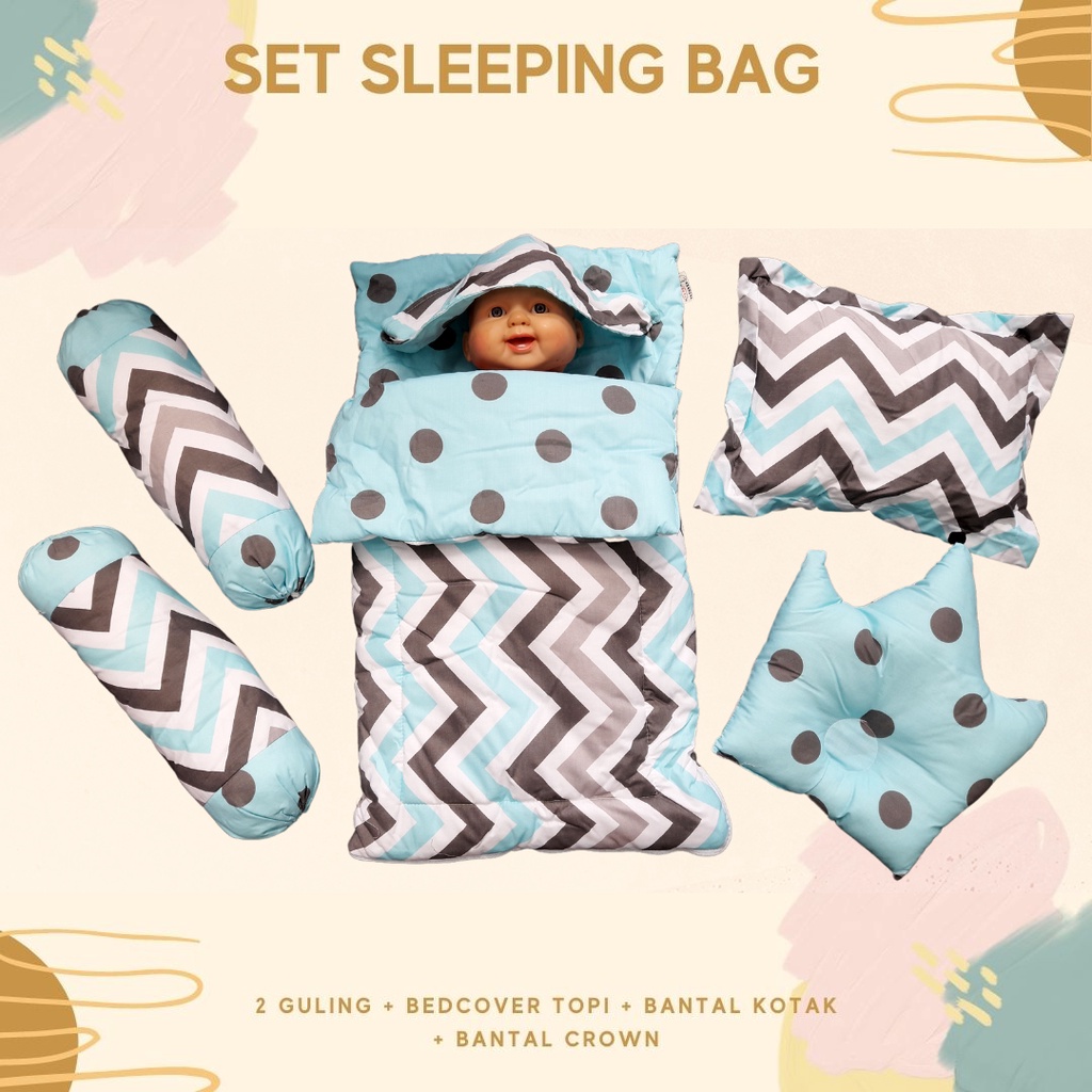 CHEVRON GREY GREEN SET SLEEPING BAG LENGKAP MULTIFUNGSI - Selimut Bayi bc akachan guling bedset