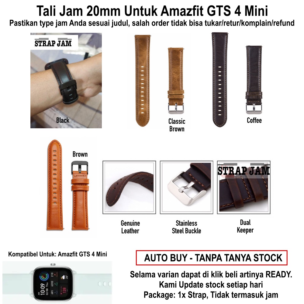 Tali Jam Amazfit GTS 4 Mini - Strap 20mm Genuine Leather Kulit Classic Style