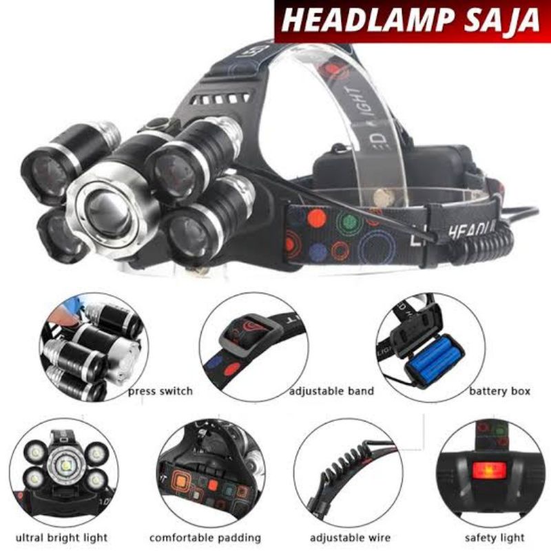 senter kepala LED XM-L T6 + 4 XPE 40000 Lumens/headlamp/senter kepala