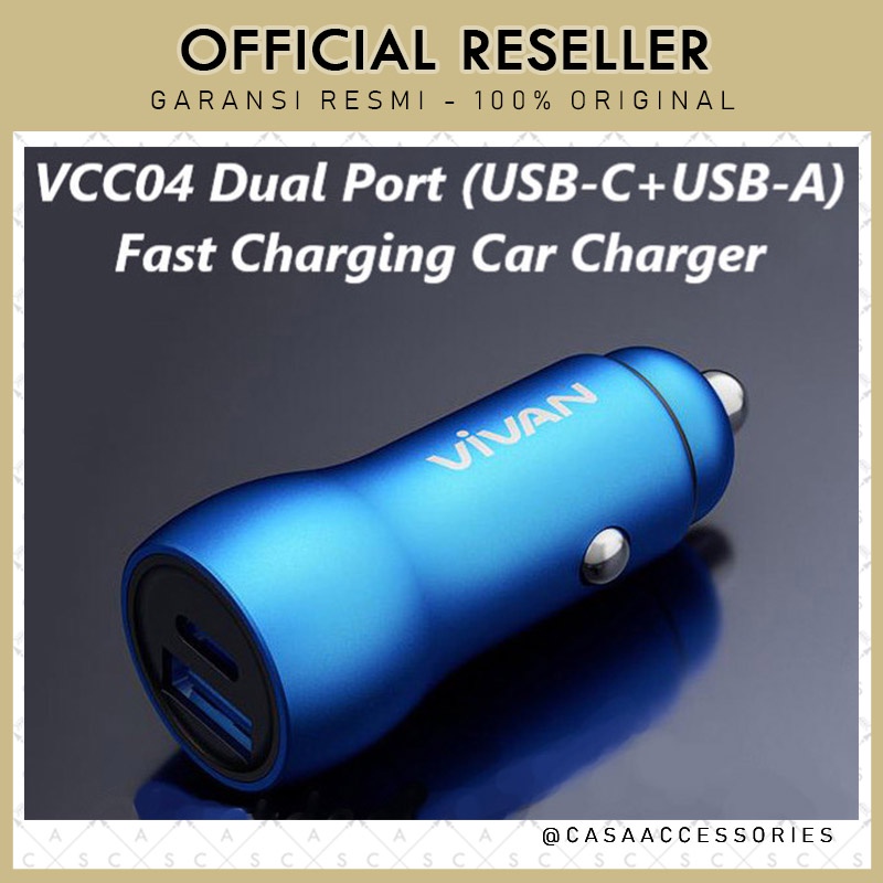 Vivan VCC04 Dual Port USB-C USB-A Fast Charging Car Charger Mobil