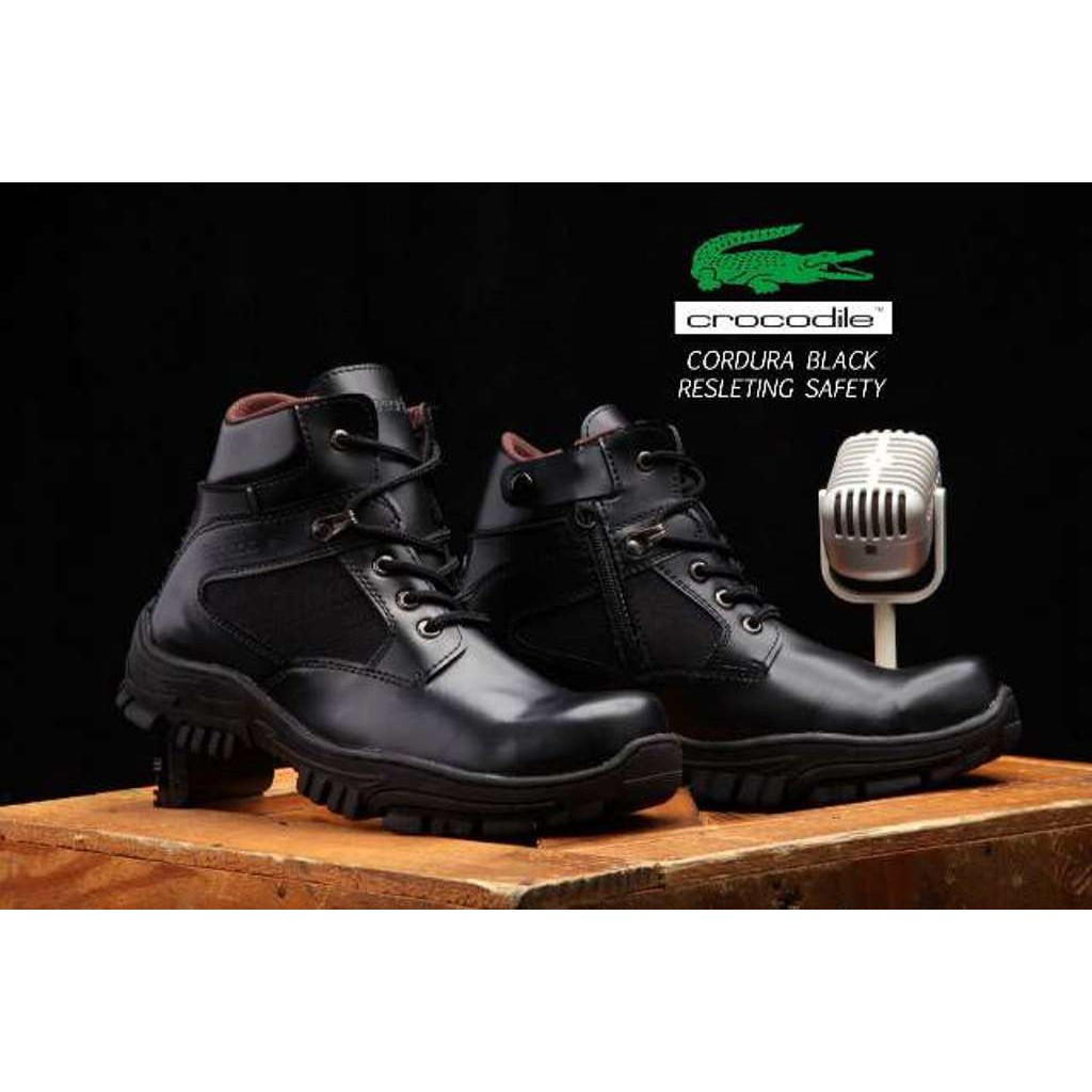 SEPATU PRIA SAFETY BOOT CROCODILE CORDURA HITAM COKLAT RESLETING SAMPING