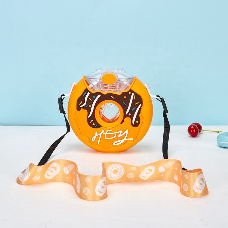 Botol Air Minum Anak TK SD Unik Bentuk Donat Portable Dengan Sedotan dan Tali Anak Cewek Perempuan-Brown