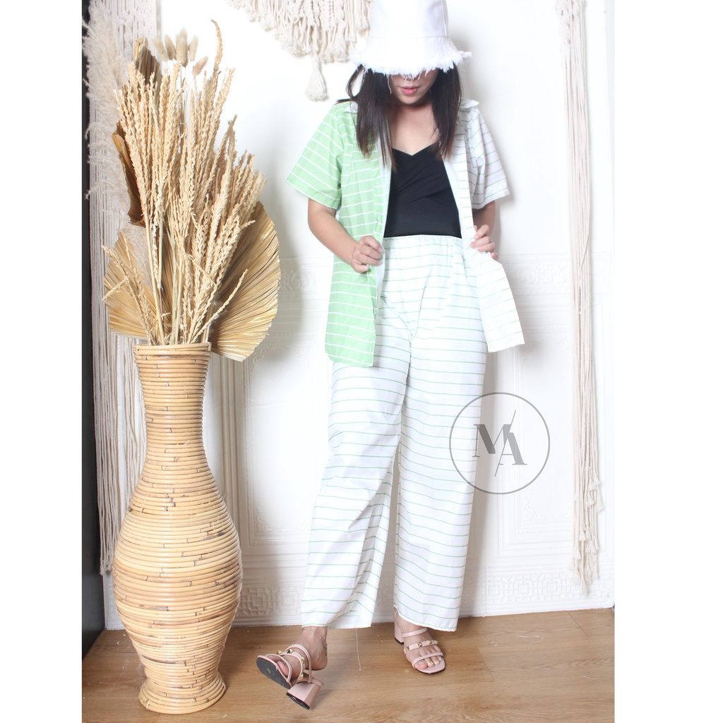 DAILY SET RAYON tiedye- HOMEY SET FIT Xl - PAJAMA SET RAYON -  PIYAMA RAYON MA-stripe white mint