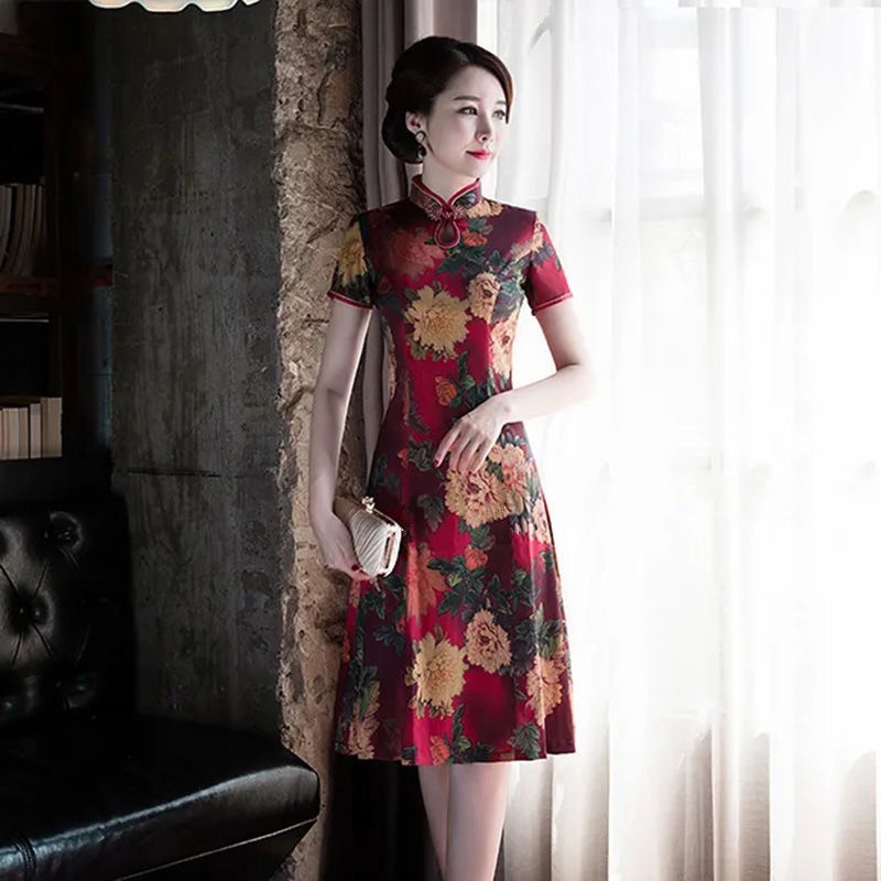 Modified cheongsam knee length skirt small dress summer large waist closing Dress Medium Long mom dr