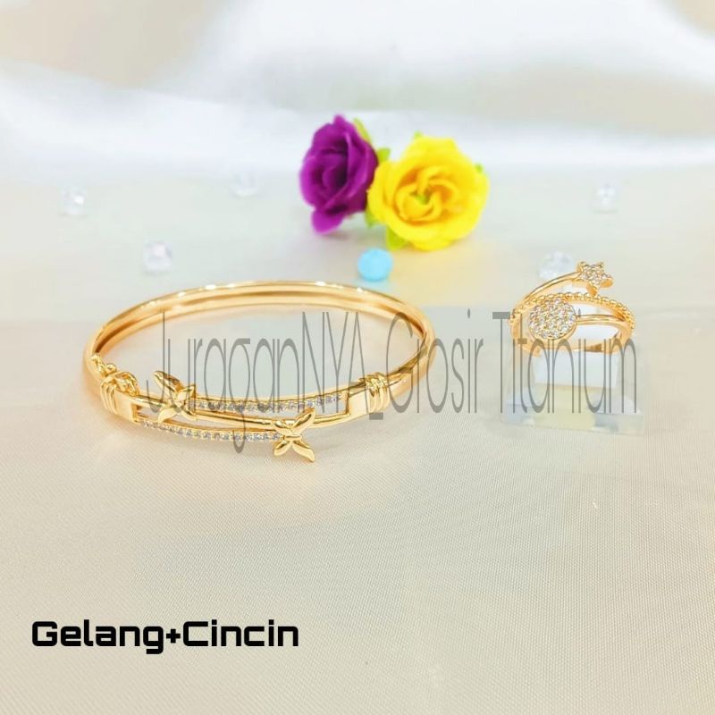 SET DEWASA TITANIUM KUPU KUPU ZIRCON MINIMALIS PERHIASAN EMAS KOREA ANTI KARAT