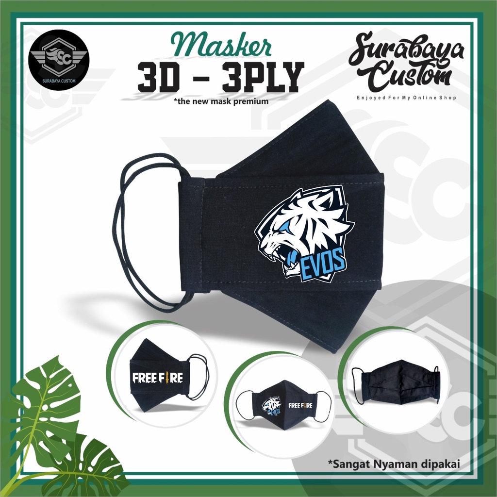 Masker kain 3 D/ masker kain 3 ply logo EVOS FREE FIRE premium quality - SURABAYA CUSTOM