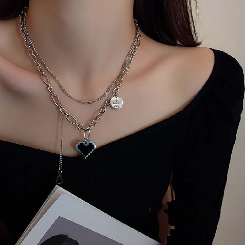 Kalung Rantai Model Double Layer Bentuk Hati Warna Hitam Untuk Wanita