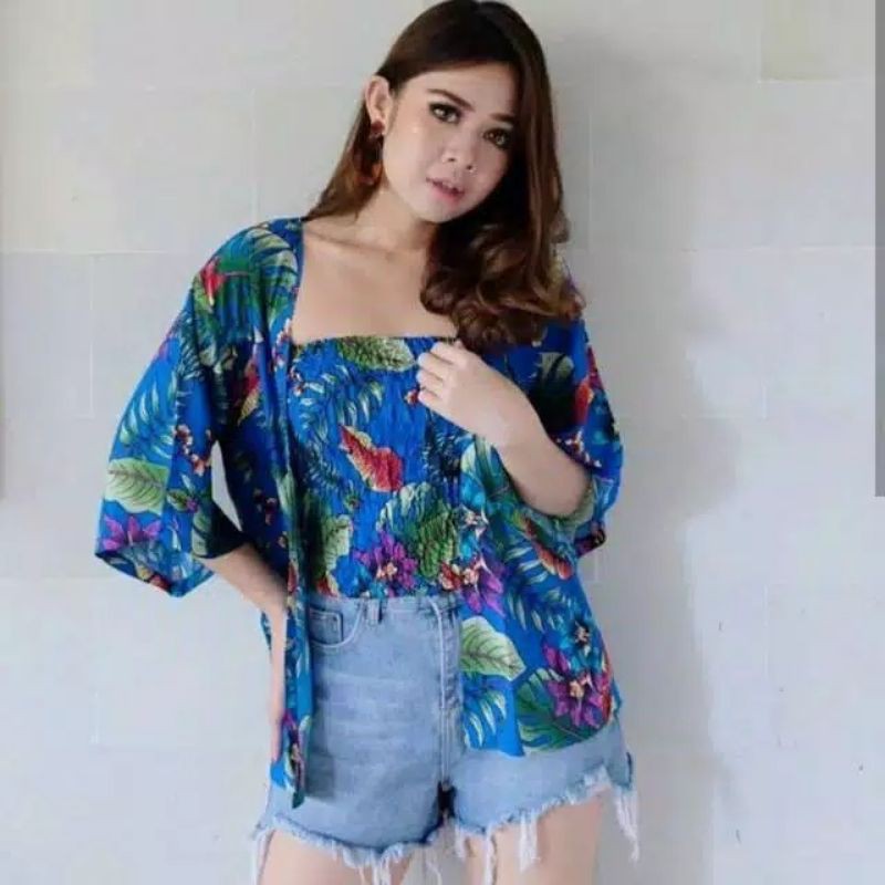 Cardigan set kemben motif bunga outer cardi rayon
