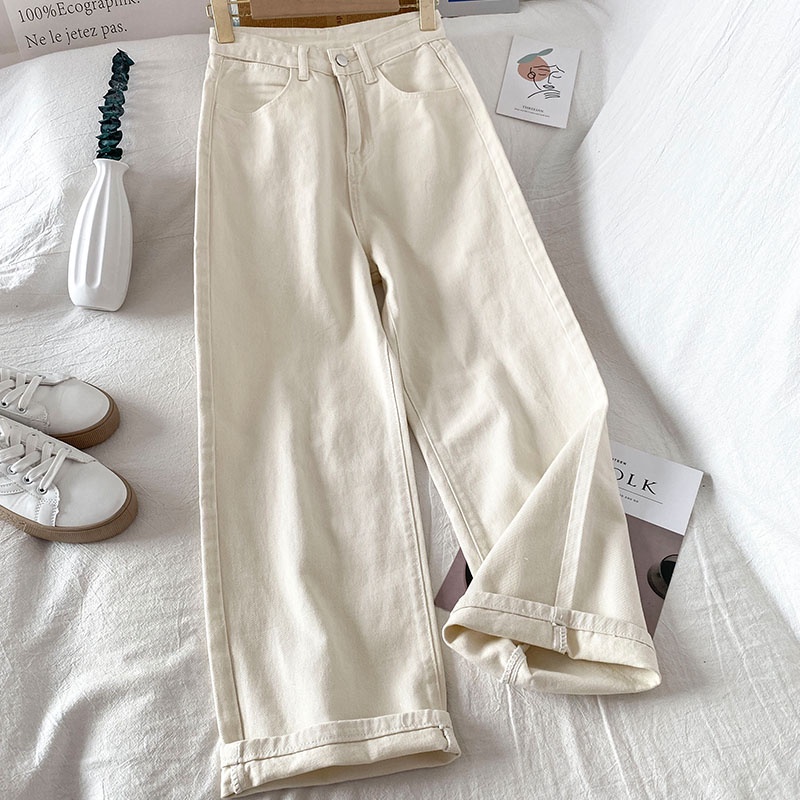 new krem boyfriend jeans korea celana jeans wanita pinggang tinggi