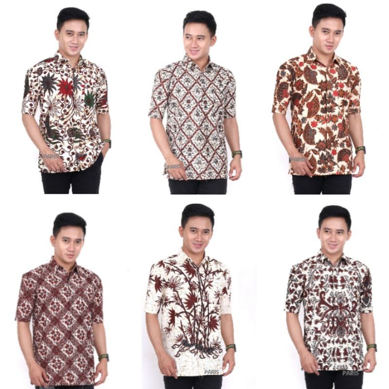 ATASAN BATIK PRIA LENGAN PENDEK WARNA PUTIH COKLAT UNGGUL JAYA SOGAN