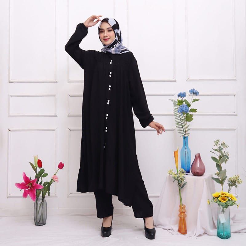 Jaya_Co Setelan Smok Crinkle / Setelan Celana Kerut Long Tunik Crinkle