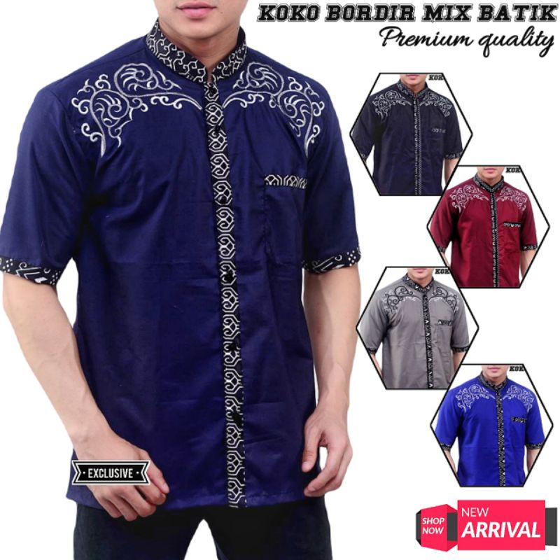 Baju koko bordir lengan pendek mix batik kualitas premium / koko muslim koko pria koko dewasa