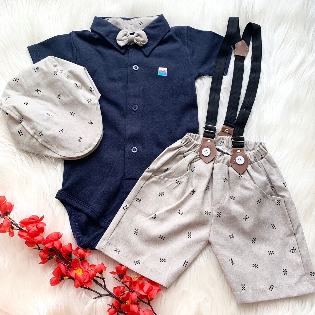 Setelan jumper celana suspender topi dasi motif bintik fashion anak bayi cowok laki baby boy -baw-NAVY, BINTIK