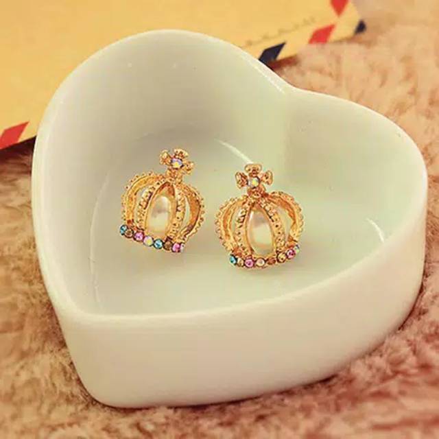 Anting mahkota mutiara permata warna warni korea anting stainless earings crown pearl WAWI