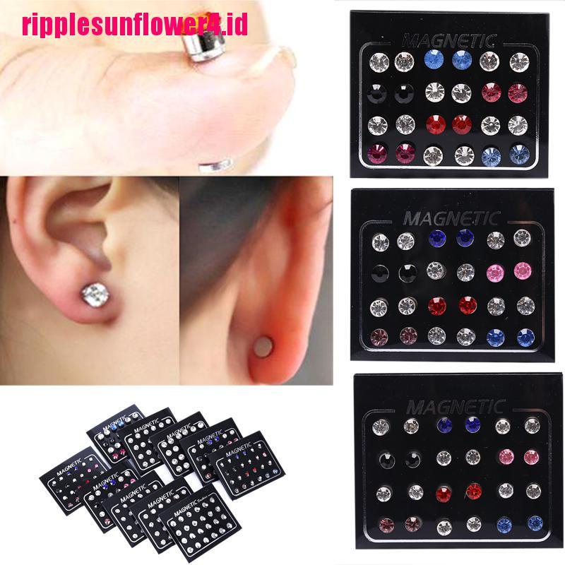 24pcs / set Anting Tusuk Magnetik Tanpa Tindik Bentuk Bulat Hias Berlian Imitasi Untuk Wanita