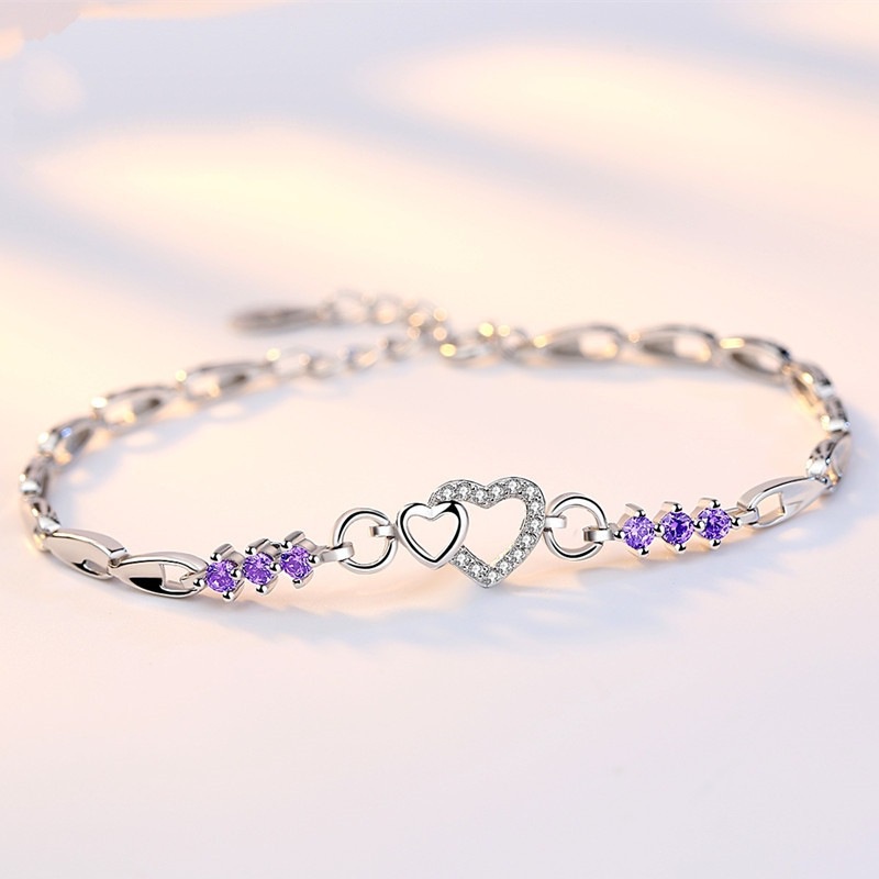 Perhiasan Gelang Berlian 925 Silver Plated Amethyst Bentuk Hati Gaya Korea Untuk Wanita