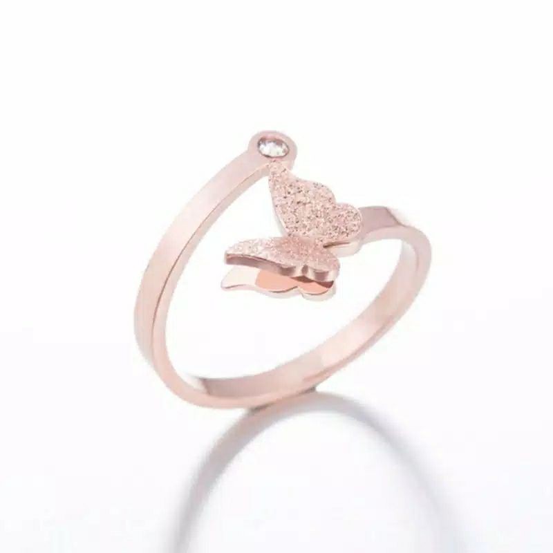 Fourfashion Cincin Bentuk Kupu-Kupu Bahan Titanium Steel Warna Rose Gold Gaya Korea Untuk Wanita