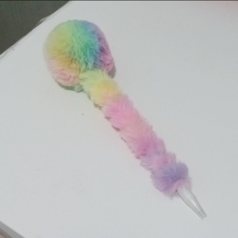 Pulpen / pena / bolpen unik murah bulu pom pom halus warna pastel rainbow