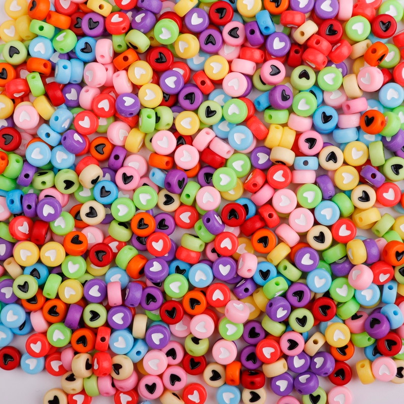 100Pcs 4x7mm Mix Color Flat Round Acrylic Heart Beads for Jewelry Making Kid Diy Material Bracelet Necklace Accessories