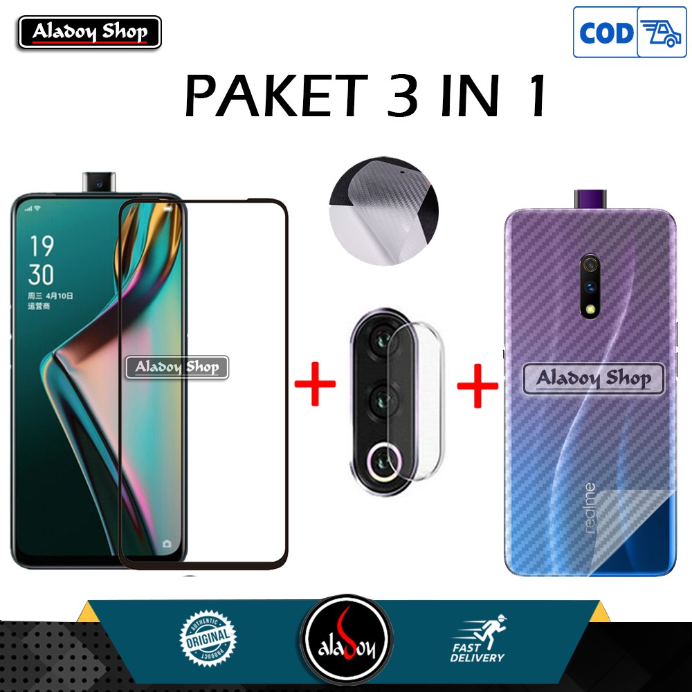 PROMO 3 IN 1 PAKET Tempered Glass Layar REALME X / K3 + Tempered Glass Camera Lens + Skin Carbon