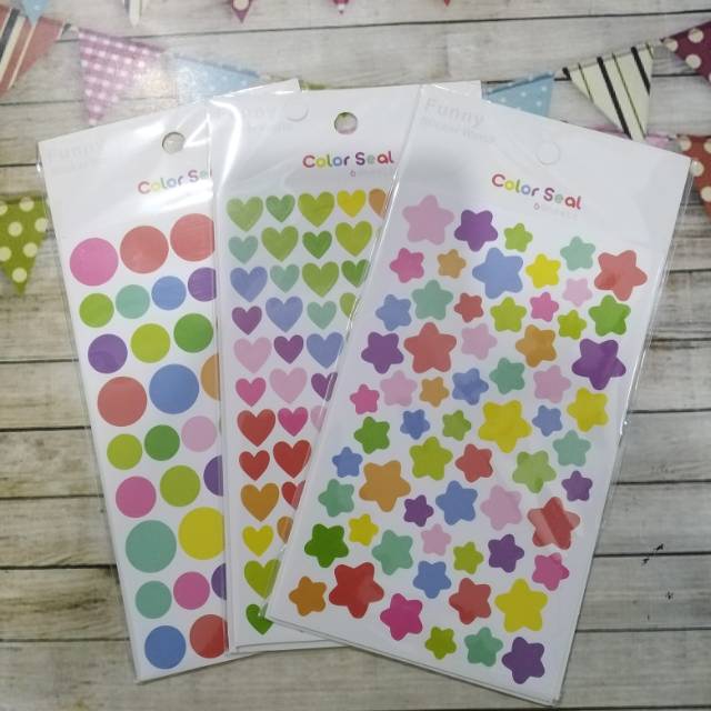 

Stiker / sticker reward warna warni dot star heart 6 lembar