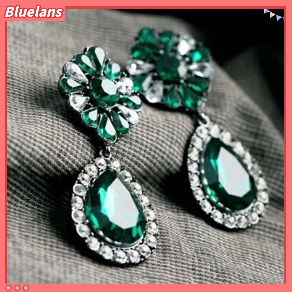 Bluelans Anting Tusuk Gantung Statement Desain Bunga Hijau Hias Berlian Imitasi Gaya Vintage Untuk Wanita