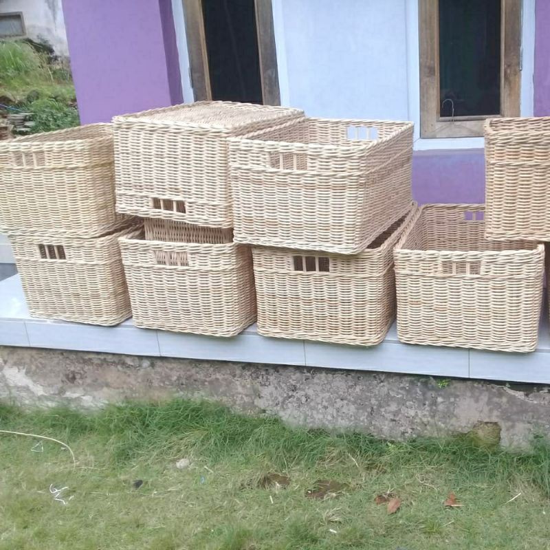 Keranjang rotan persegi panjang kotak penyimpanan barang besar 60x40x30 cm