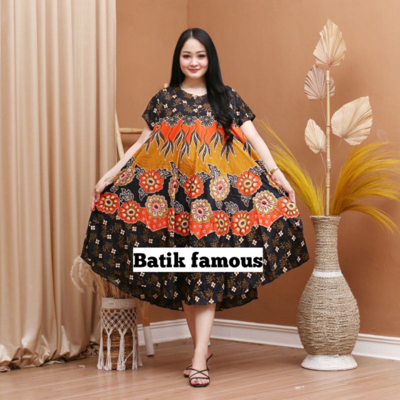 DASTER PAYUNG JUMBO COKLAT KANCING DEPAN BUSUI BUMIL-Motif bunga orange