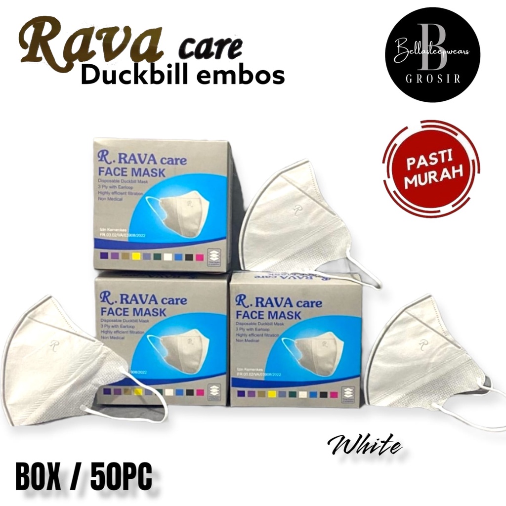 RAVA CARE - MASKER DUCKBILL RAVA EMBOS HITAM PUTIH RAINBOW MIX BOX ISI 50 PC