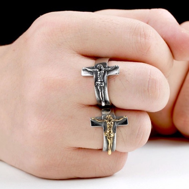 SEUSUK Cincin Punk Gothic Religius Motif Salib Yesus Kristen Ada Warna Gold/Silver untuk Hadiah Pria