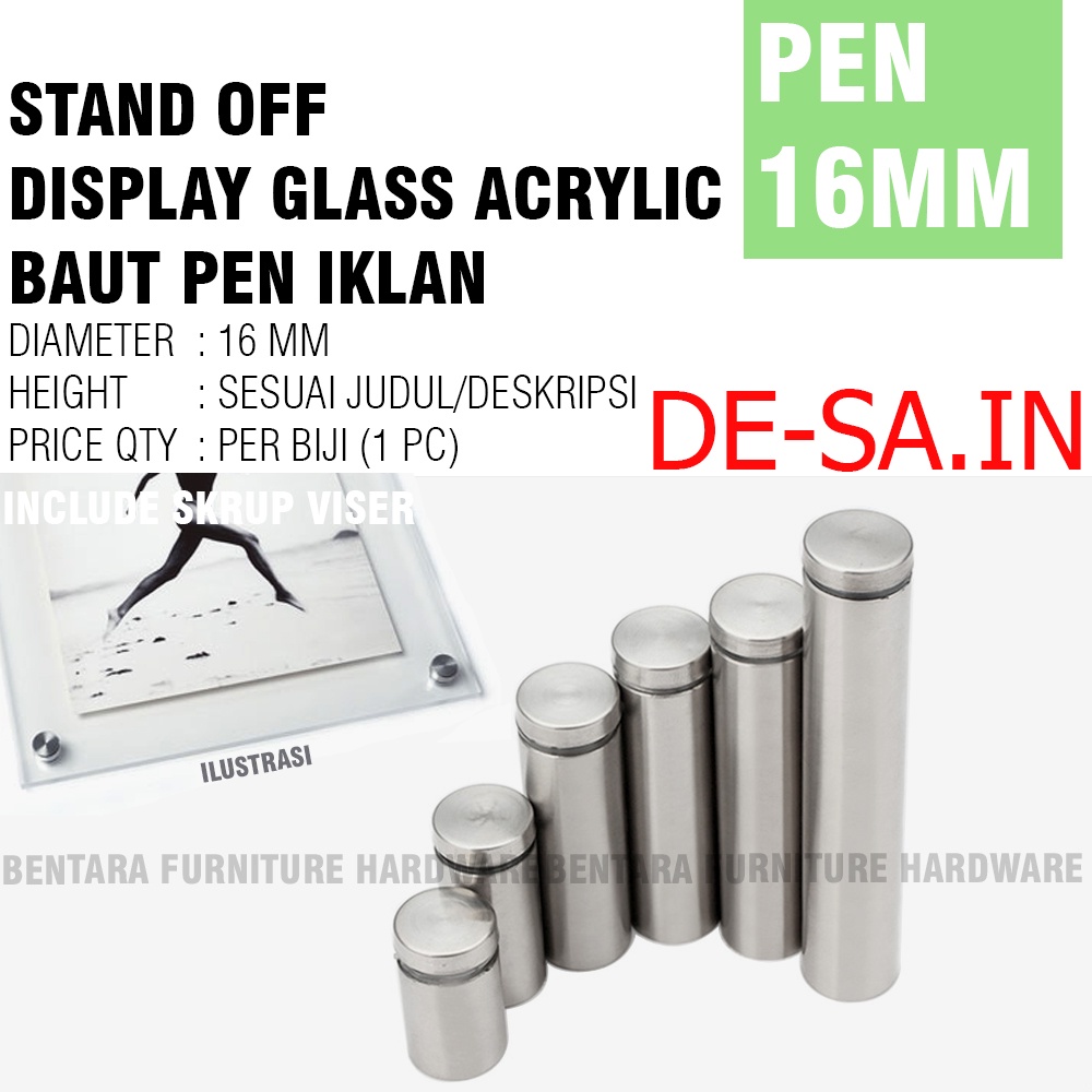 16 MM Pen Iklan 16 x 30 - Acrylic Glass Board Sign Stand-off (Pen Baut Stabil Kaca / Akrilik) 16MM X 30MM (5/8&quot; X 1-1/4&quot;)